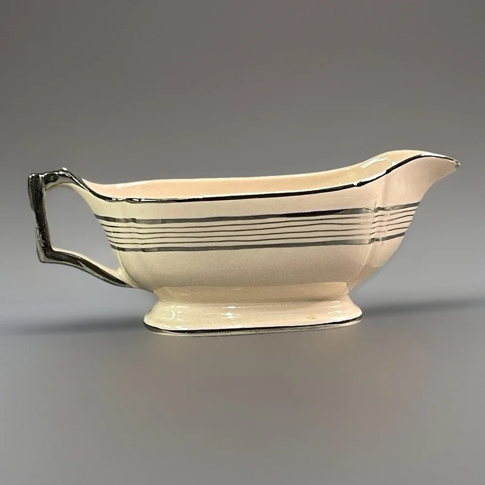 Limoges Peach Blo Ritz Platinum Gravy Boat Seabring Ohio Platinum Etching Trim